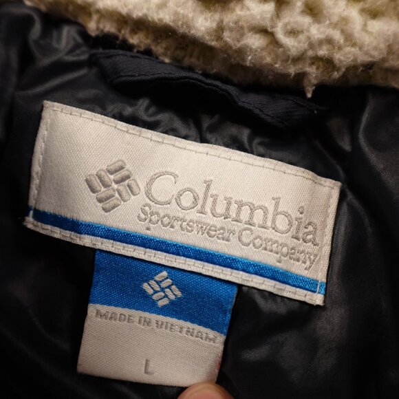 Columbia Hooded Insulated Jacket Women’s Large Navy Winter Sherpa Trim - Picture 3 of 16